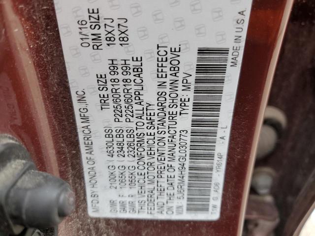 Photo 10 from auction – 2016 HONDA CR-V TOURI with VIN 5J6RM4H94GL030773