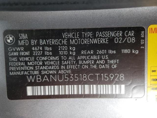 Photo 10 from auction – 2008 BMW 528 I with VIN WBANU53518CT15928