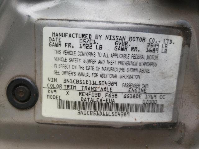 Photo 10 from auction – 2001 NISSAN SENTRA XE with VIN 3N1CB51D11L504389