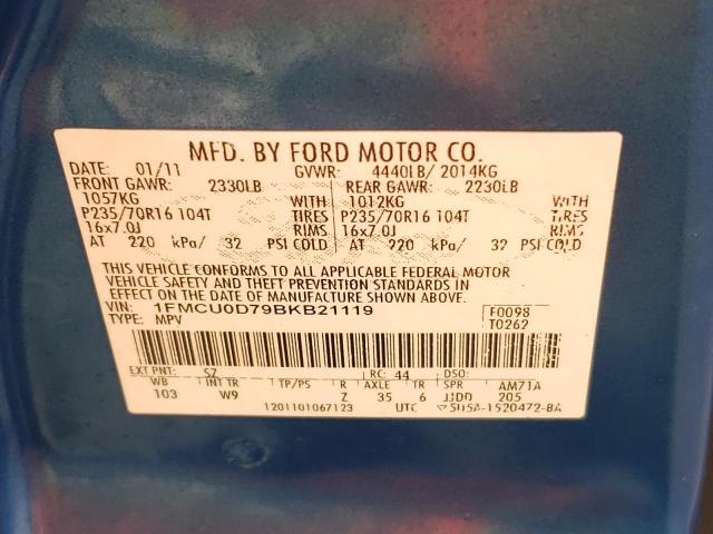 Photo 10 from auction – 2011 FORD ESCAPE XLT with VIN 1FMCU0D79BKB21119