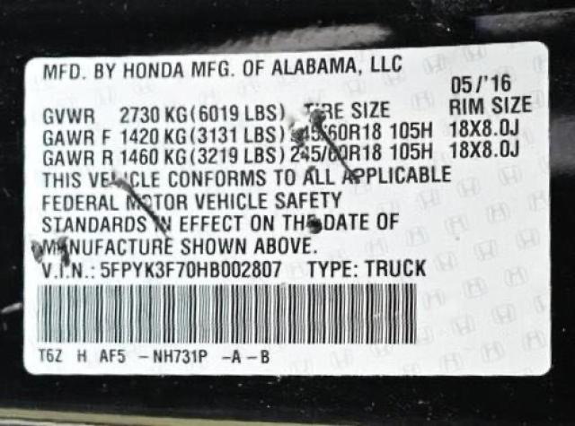 Фото 10 с аукциона – 2017 HONDA RIDGELINE с VIN 5FPYK3F70HB002807