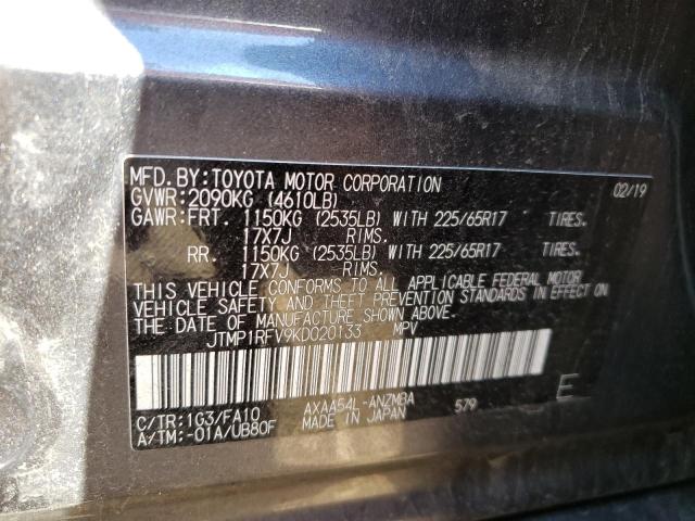 Photo 10 from auction – 2019 TOYOTA RAV4 XLE with VIN JTMP1RFV9KD020133