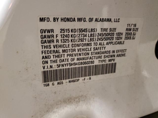 Photo 10 from auction – 2016 HONDA PILOT TOUR with VIN 5FNYF5H94GB060280