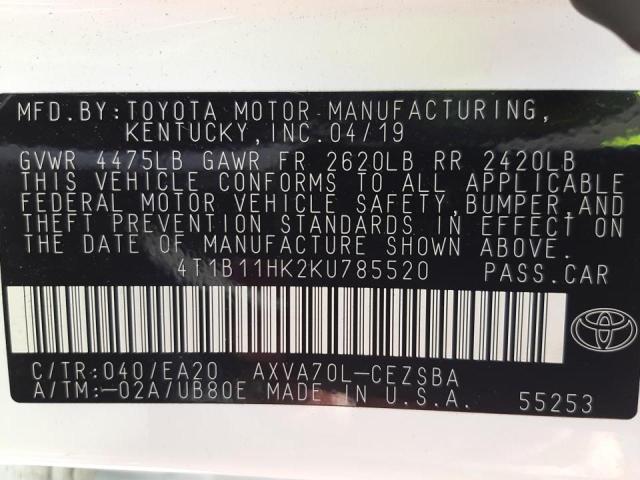 Photo 10 from auction – 2019 TOYOTA CAMRY L with VIN 4T1B11HK2KU785520