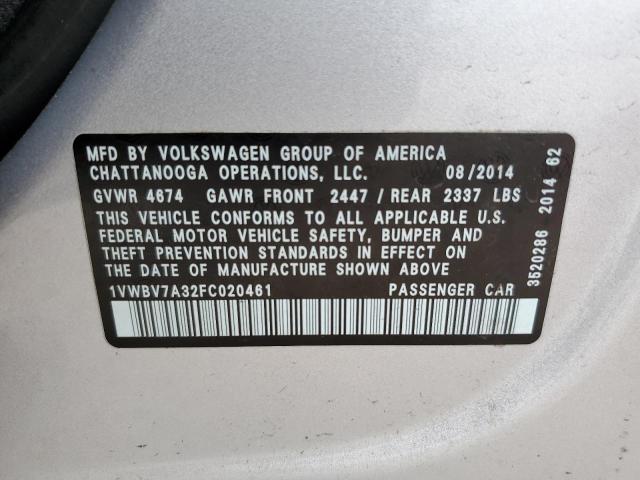 Photo 10 from auction – 2015 VOLKSWAGEN PASSAT SE with VIN 1VWBV7A32FC020461