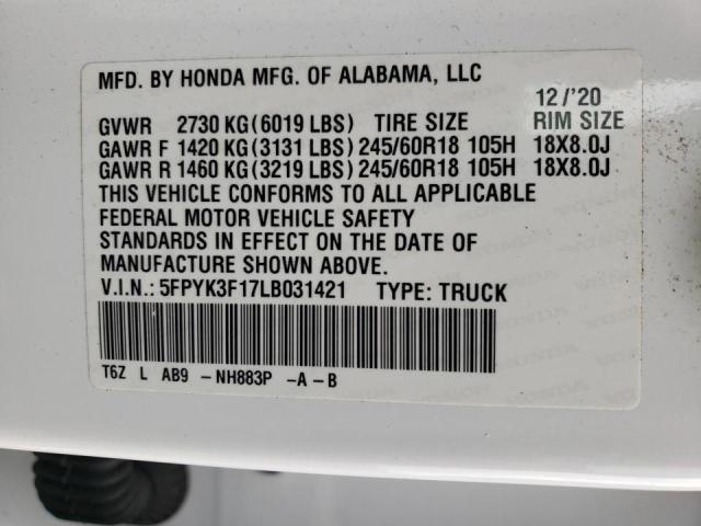 Photo 10 from auction – 2020 HONDA RIDGELINE with VIN 5FPYK3F17LB031421