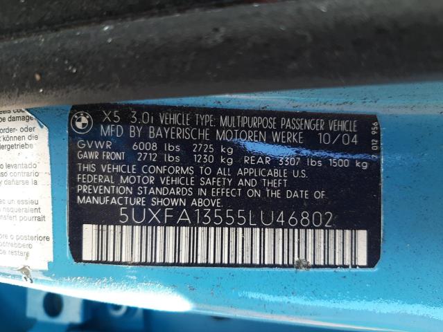 Photo 10 from auction – 2005 BMW X5 3.0I with VIN 5UXFA13555LU46802