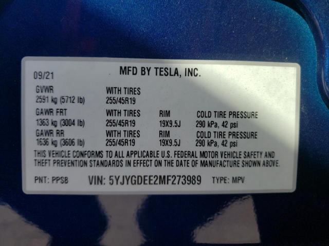 Photo 10 from auction – 2021 TESLA MODEL Y with VIN 5YJYGDEE2MF273989