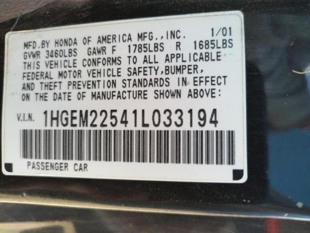 Photo 10 from auction – 2001 HONDA CIVIC LX with VIN 1HGEM22541L033194