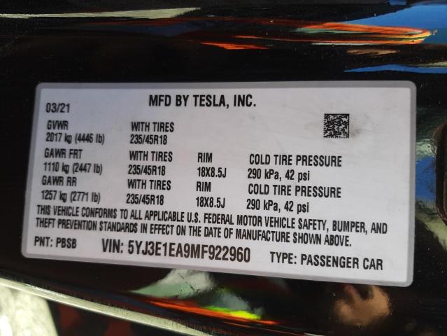 Photo 10 from auction – 2021 TESLA MODEL 3 with VIN 5YJ3E1EA9MF922960