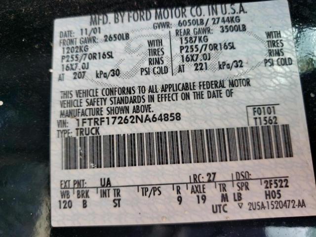 Photo 10 from auction – 2002 FORD F150 with VIN 1FTRF17262NA64858