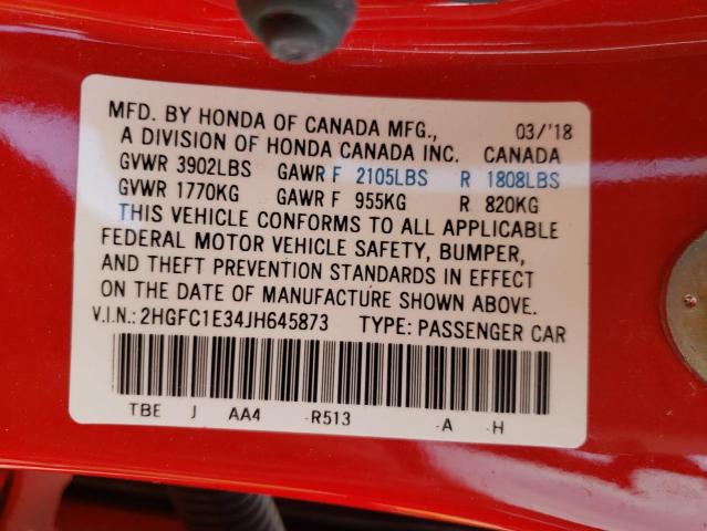 Photo 10 from auction – 2018 HONDA CIVIC EX with VIN 2HGFC1E34JH645873