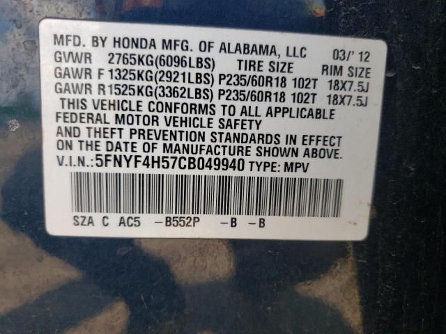 Photo 10 from auction – 2012 HONDA PILOT EXL with VIN 5FNYF4H57CB049940