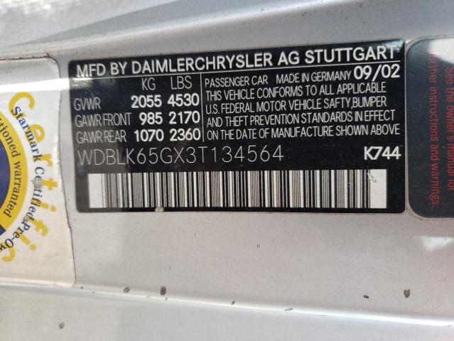Photo 10 from auction – 2003 MERCEDES-BENZ E-CLASS with VIN WDBLK65GX3T134564