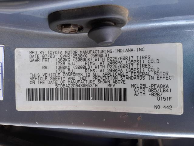Photo 10 from auction – 2004 TOYOTA SIENNA XLE with VIN 5TDBA22C04S005310