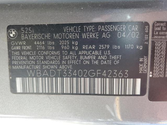 Photo 10 from auction – 2002 BMW 525 I with VIN WBADT33402GF42363