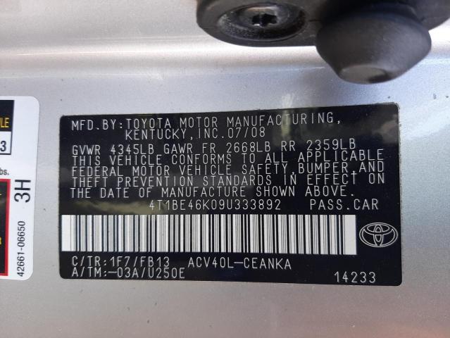 Photo 10 from auction – 2009 TOYOTA CAMRY BASE with VIN 4T1BE46K09U333892