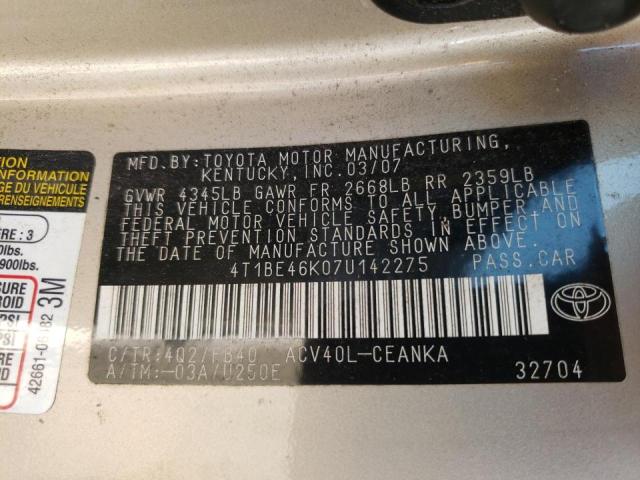 Photo 10 from auction – 2007 TOYOTA CAMRY CE with VIN 4T1BE46K07U142275