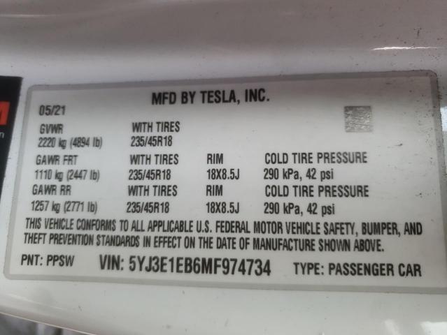 Photo 10 from auction – 2021 TESLA MODEL 3 with VIN 5YJ3E1EB6MF974734