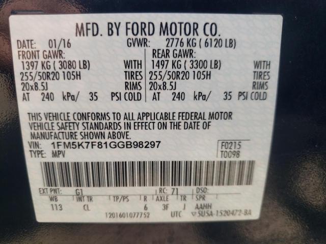 Photo 10 from auction – 2016 FORD EXPLORER L with VIN 1FM5K7F81GGB98297