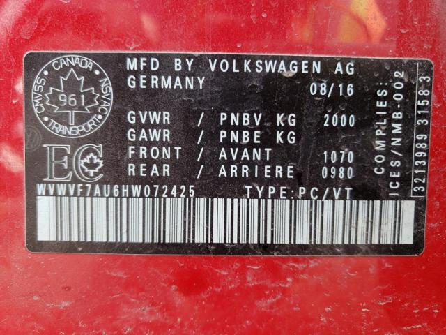 Photo 10 from auction – 2017 VOLKSWAGEN GOLF R with VIN WVWVF7AU6HW072425