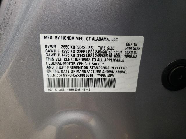 Photo 10 from auction – 2019 HONDA PILOT EXL with VIN 5FNYF6H52KB088610