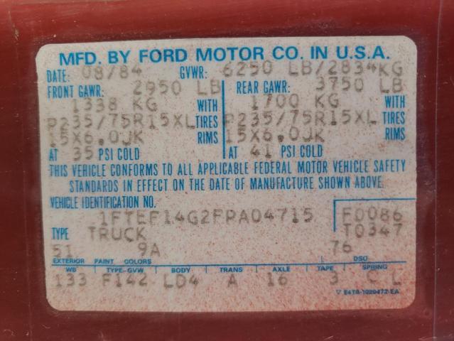 Photo 10 from auction – 1985 FORD F150 with VIN 1FTEF14G2FPA04715