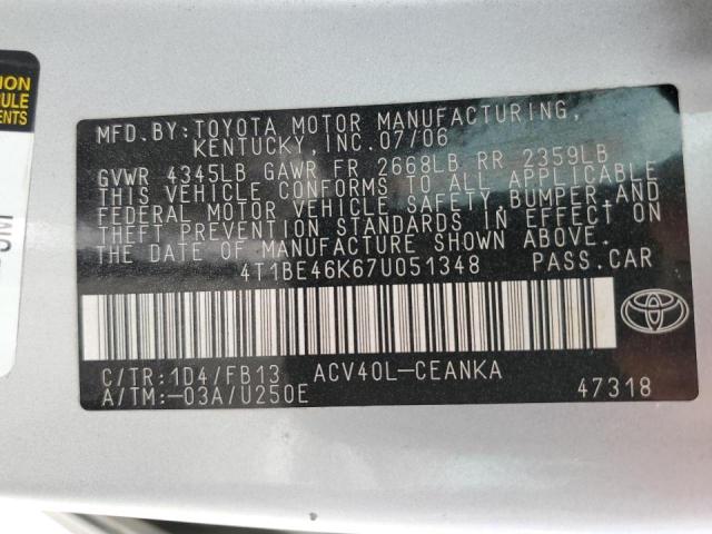 Photo 10 from auction – 2007 TOYOTA CAMRY CE with VIN 4T1BE46K67U051348