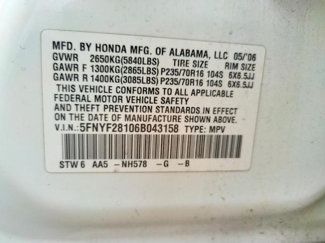 Photo 10 from auction – 2006 HONDA PILOT LX with VIN 5FNYF28106B043158