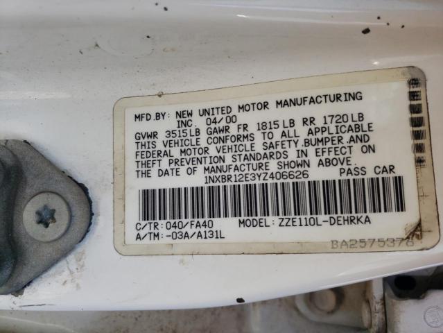 Photo 10 from auction – 2000 TOYOTA COROLLA VE with VIN 1NXBR12E3YZ406626