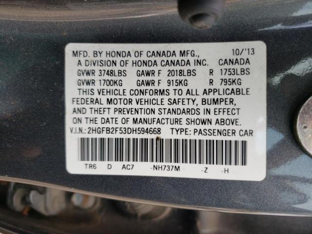Photo 10 from auction – 2013 HONDA CIVIC LX with VIN 2HGFB2F53DH594668