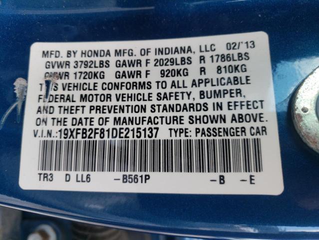 Photo 10 from auction – 2013 HONDA CIVIC EX with VIN 19XFB2F81DE215137