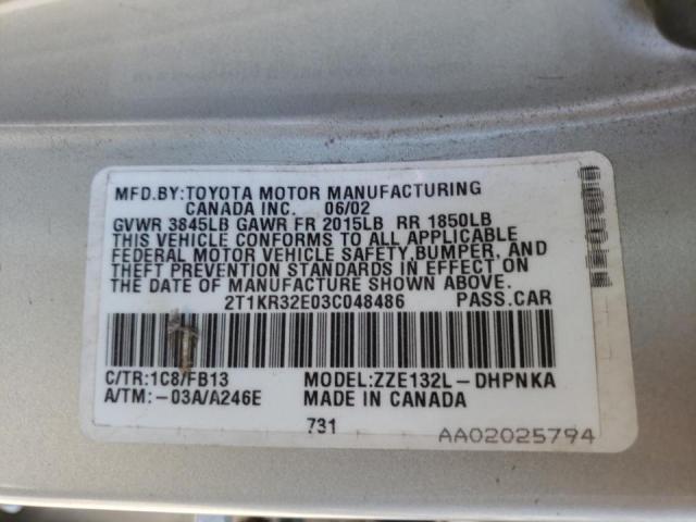 Photo 10 from auction – 2003 TOYOTA COROLLA MA with VIN 2T1KR32E03C048486