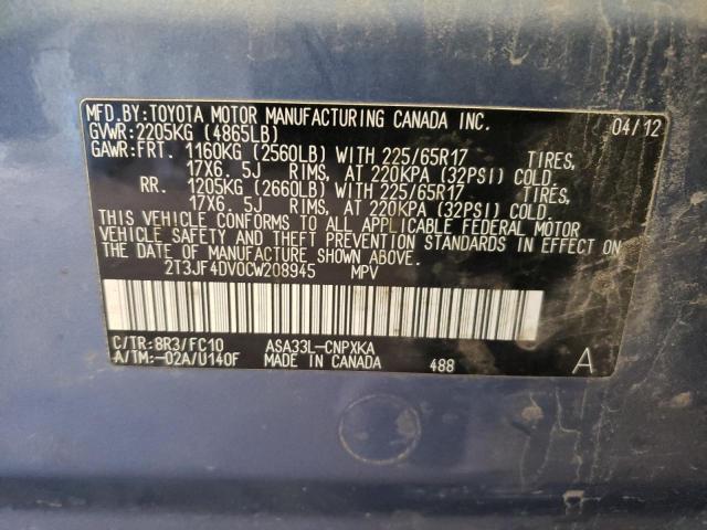 Photo 10 from auction – 2012 TOYOTA RAV4 with VIN 2T3JF4DV0CW208945