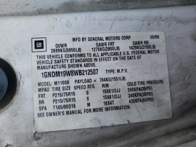 Photo 10 from auction – 1998 CHEVROLET ASTRO with VIN 1GNDM19W8WB212507
