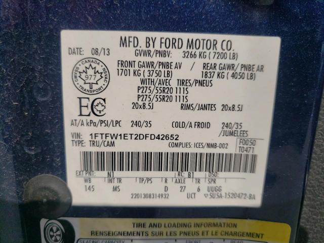 Фото 10 с аукциона – 2013 FORD F150 SUPER с VIN 1FTFW1ET2DFD42652