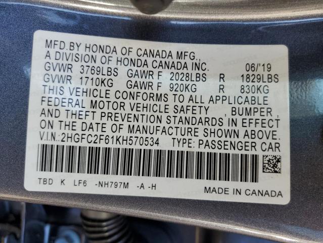 Photo 10 from auction – 2019 HONDA CIVIC LX with VIN 2HGFC2F61KH570534