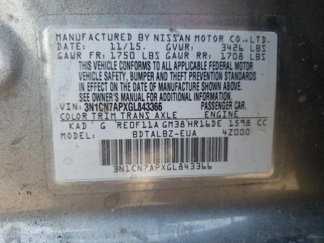 Photo 10 from auction – 2016 NISSAN VERSA S with VIN 3N1CN7APXGL843366