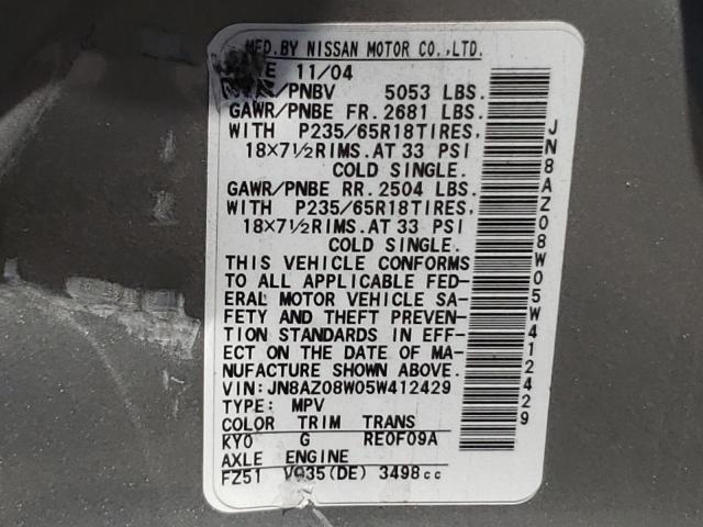 Photo 10 from auction – 2005 NISSAN MURANO SL with VIN JN8AZ08W05W412429
