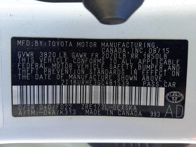 Photo 10 from auction – 2016 TOYOTA COROLLA L with VIN 2T1BURHE3GC481539