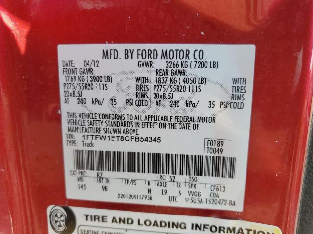 Photo 10 from auction – 2012 FORD F150 SUPER with VIN 1FTFW1ET8CFB54345