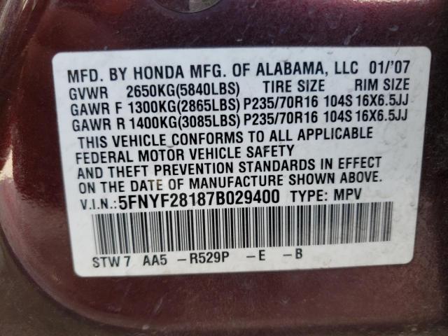 Photo 10 from auction – 2007 HONDA PILOT LX with VIN 5FNYF28187B029400