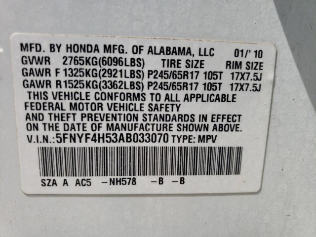 Photo 10 from auction – 2010 HONDA PILOT EXL with VIN 5FNYF4H53AB033070