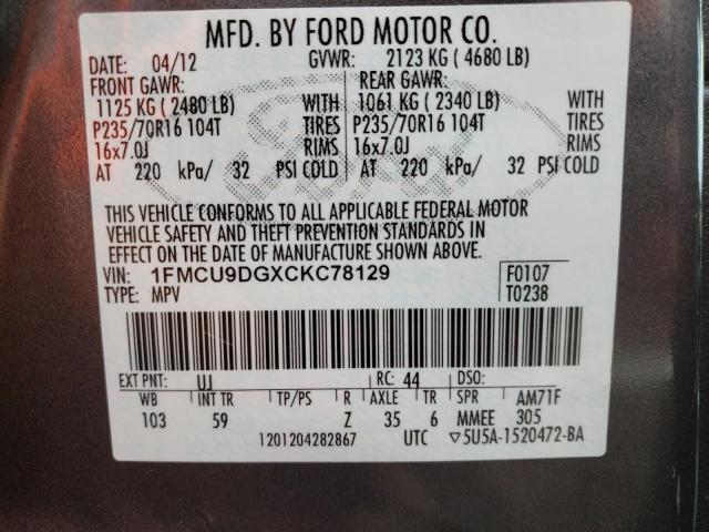 Photo 10 from auction – 2012 FORD ESCAPE XLT with VIN 1FMCU9DGXCKC78129