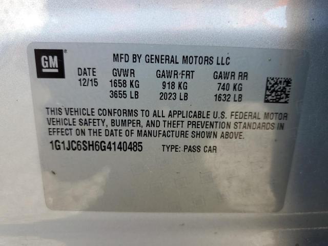 Photo 10 from auction – 2016 CHEVROLET SONIC LT with VIN 1G1JC6SH6G4140485