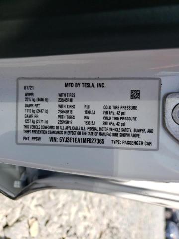 Photo 10 from auction – 2021 TESLA MODEL 3 with VIN 5YJ3E1EA1MF027365