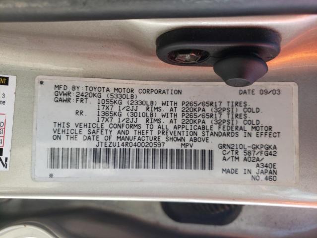 Photo 10 from auction – 2004 TOYOTA 4RUNNER SR with VIN JTEZU14R040020597