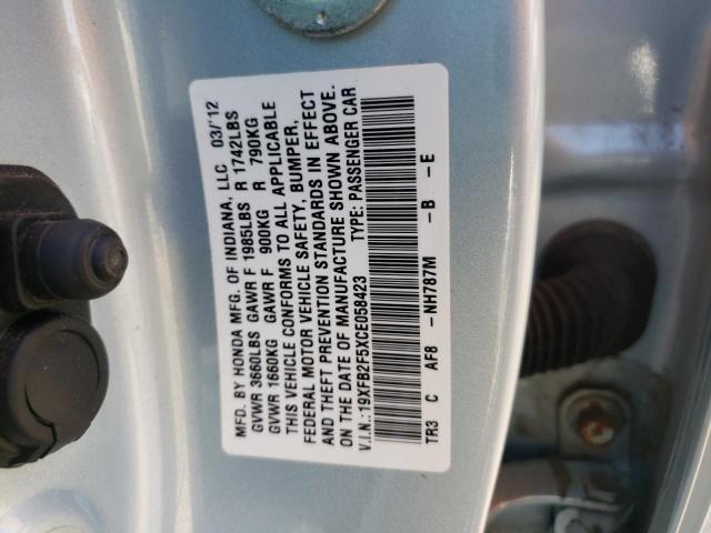 Photo 10 from auction – 2012 HONDA CIVIC LX with VIN 19XFB2F5XCE058423