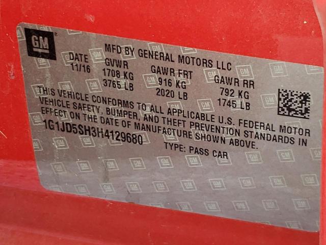 Photo 10 from auction – 2017 CHEVROLET SONIC LT with VIN 1G1JD5SH3H4129680