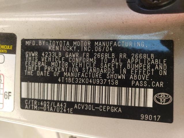 Photo 10 from auction – 2004 TOYOTA CAMRY LE with VIN 4T1BE32K04U937158